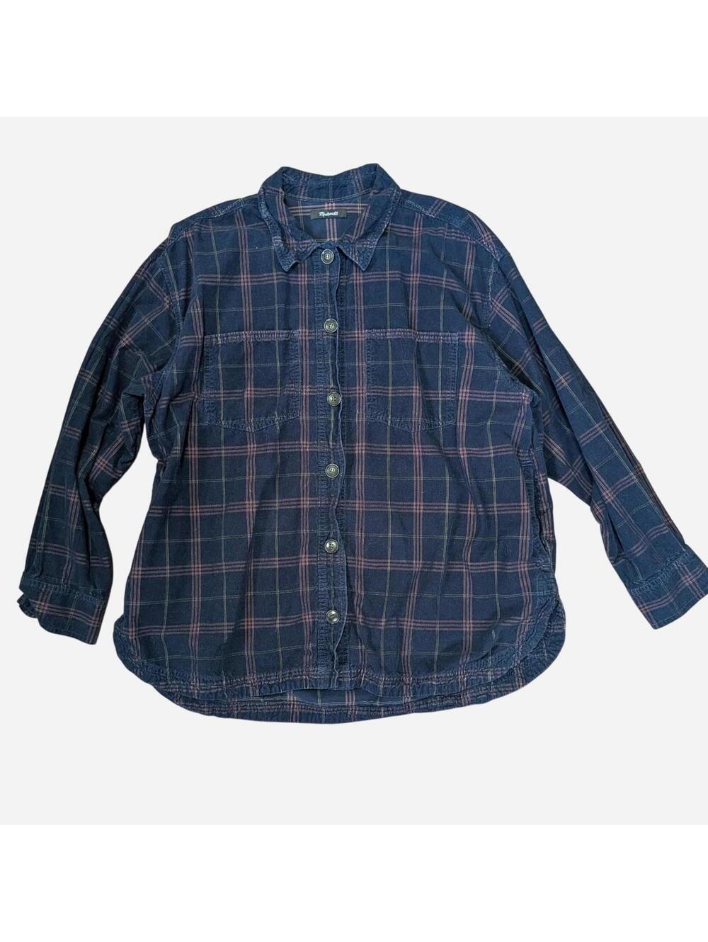Madewell Women's Burgundy and Navy Plaid Corduroy Shirt Large